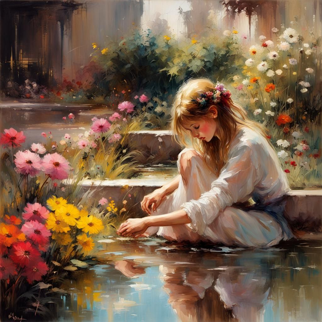 Idyllic City Garden with Girl, Oil on Canvas