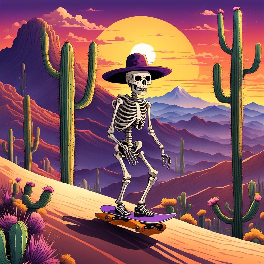 Skeleton Skateboarder in Ukiyo-e Desert Sunset