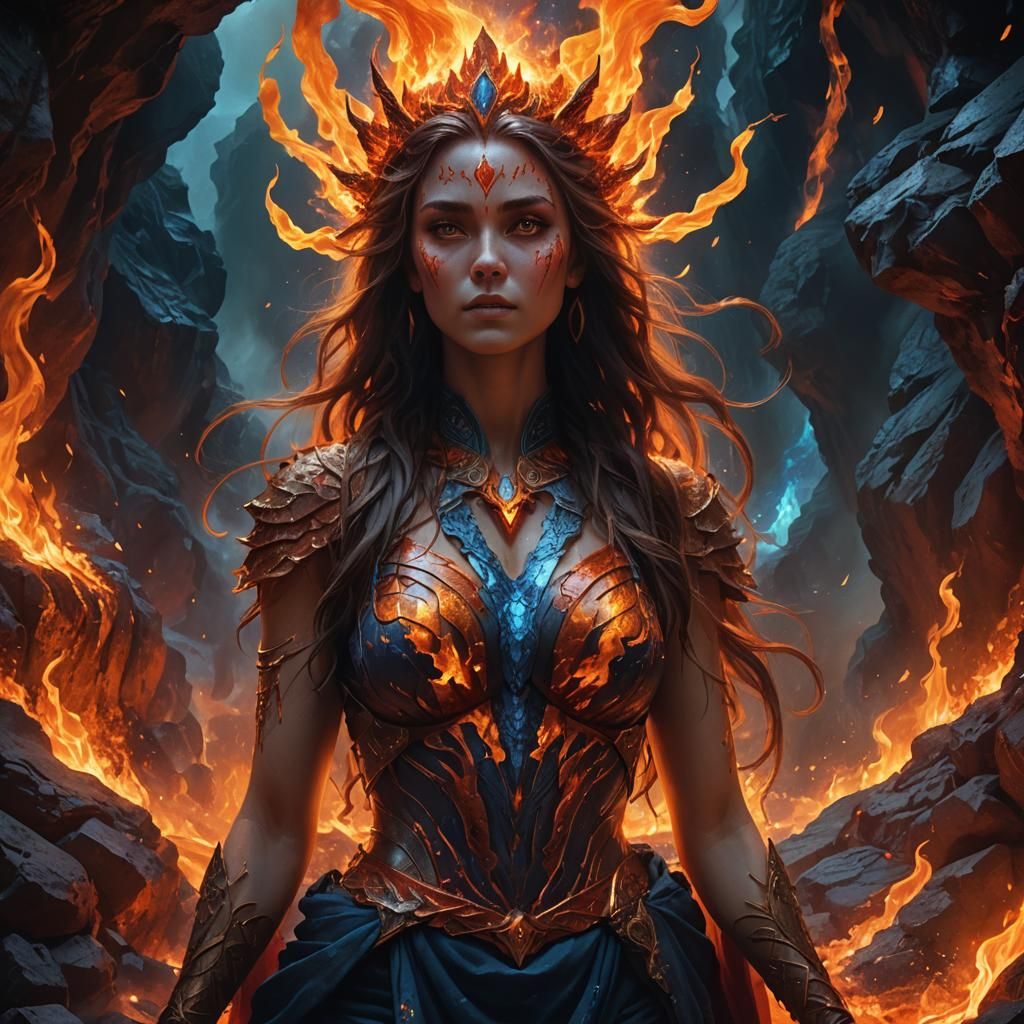 Fire Goddess Emerging from Flames: Fantasy Art
