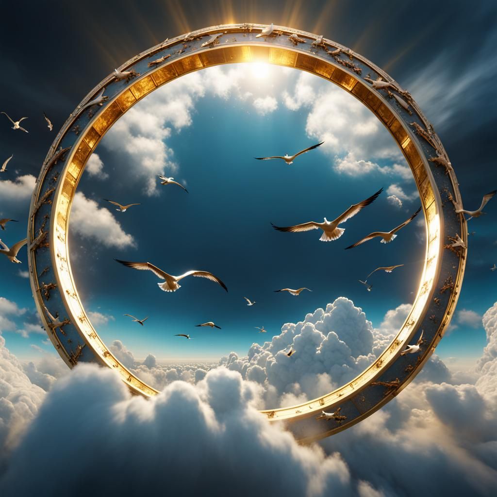 Seagulls Fly Through Golden Cloud Ring