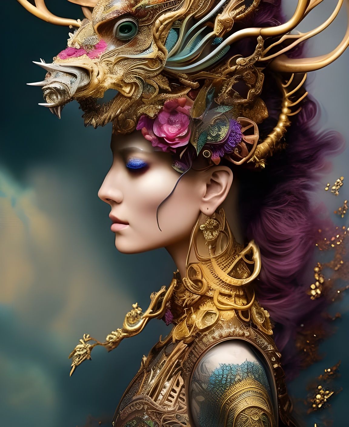 Electrified Woman King in Detailed Circuitry Armor