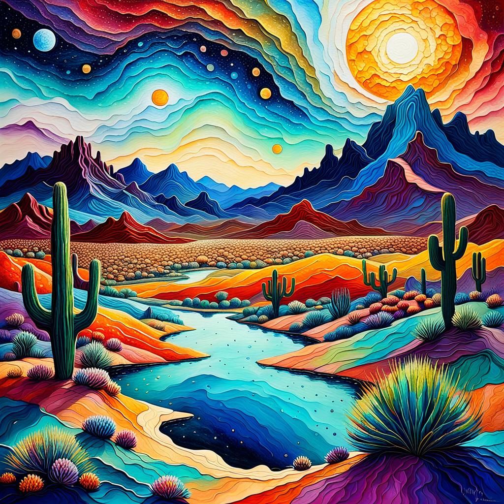 A whimsical and stylized vast and enchanted magical desert ....