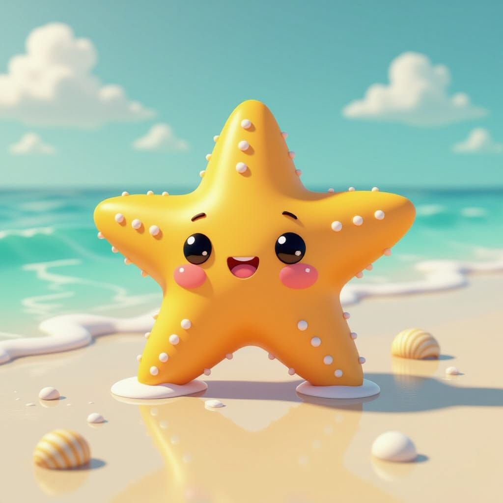 Kawaii Starfish on Pastel Shore - Children's Illustration