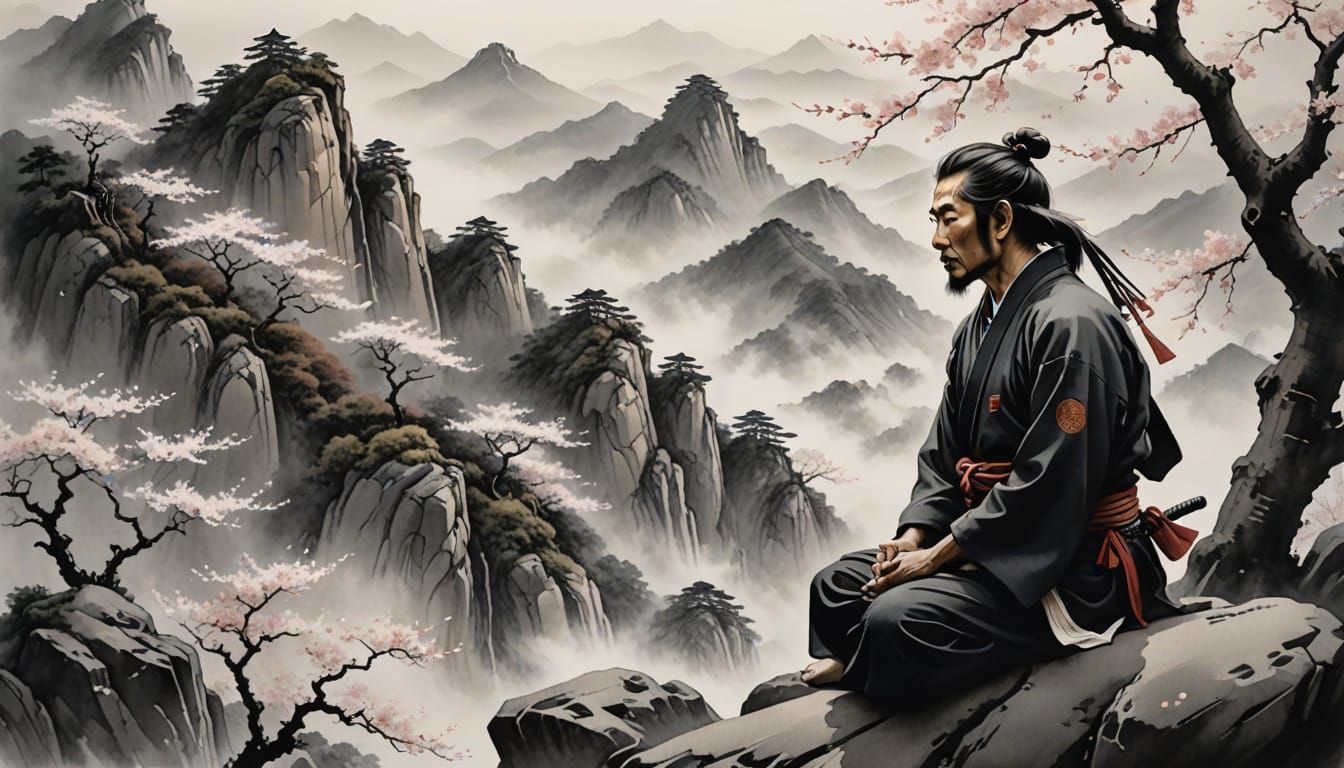 Meditating Samurai in Sumi-e Ink Wash Style
