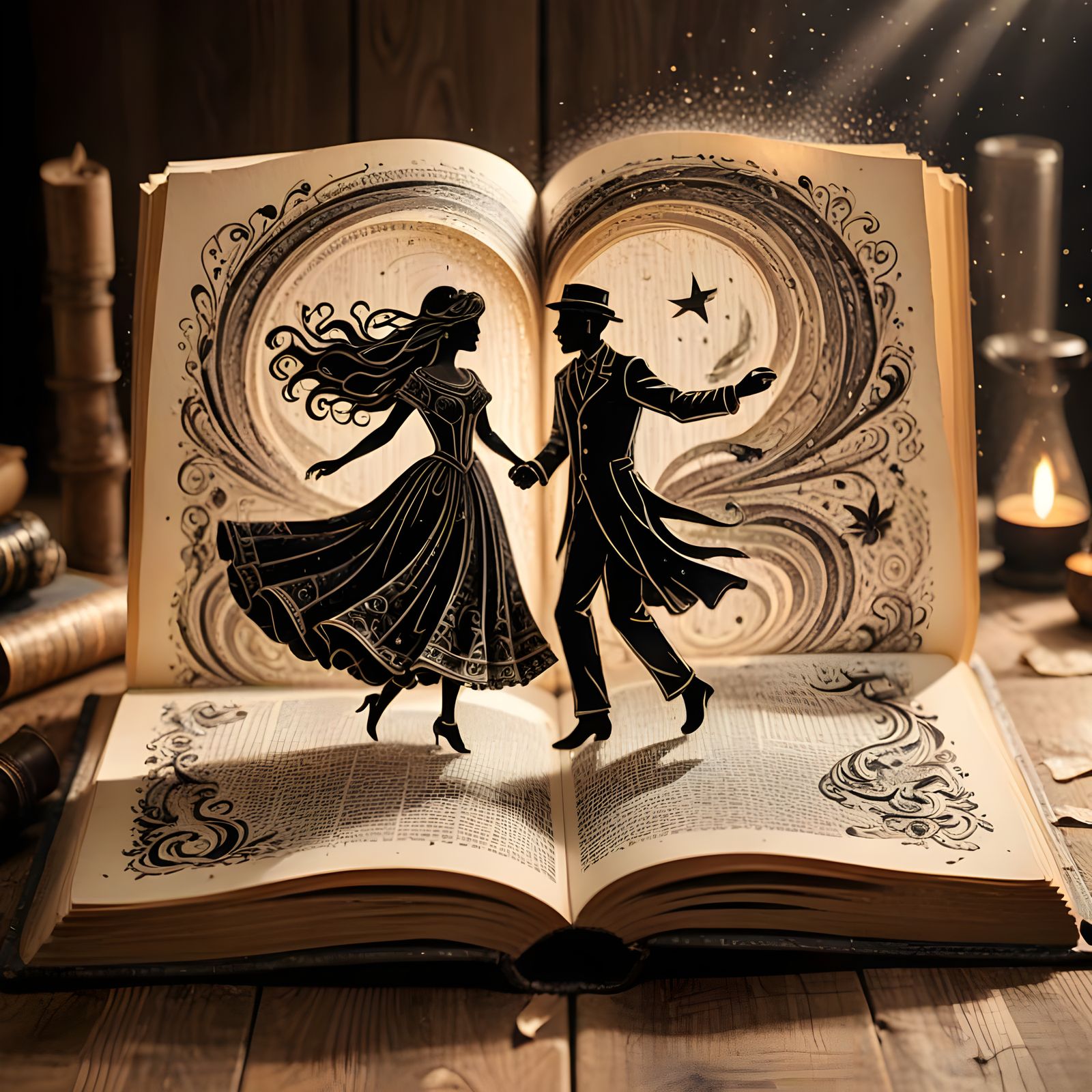 Whimsical Ink Couple Dancing on Ancient Book Pages
