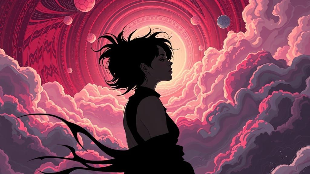 Mystical Cosmic Sorceress in Neon-Optical Art Style