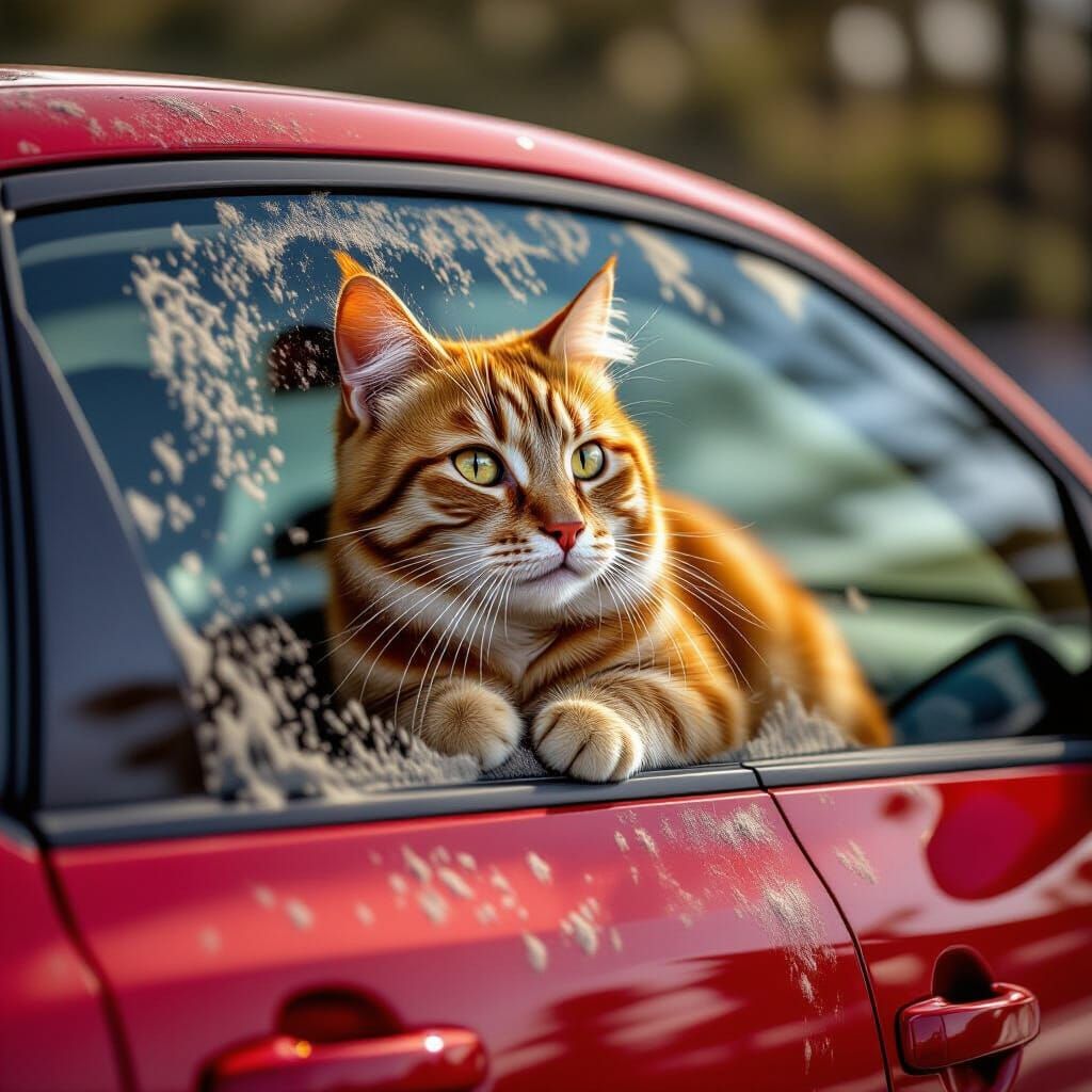 Red Toyota Car with Dusty Cat Etching