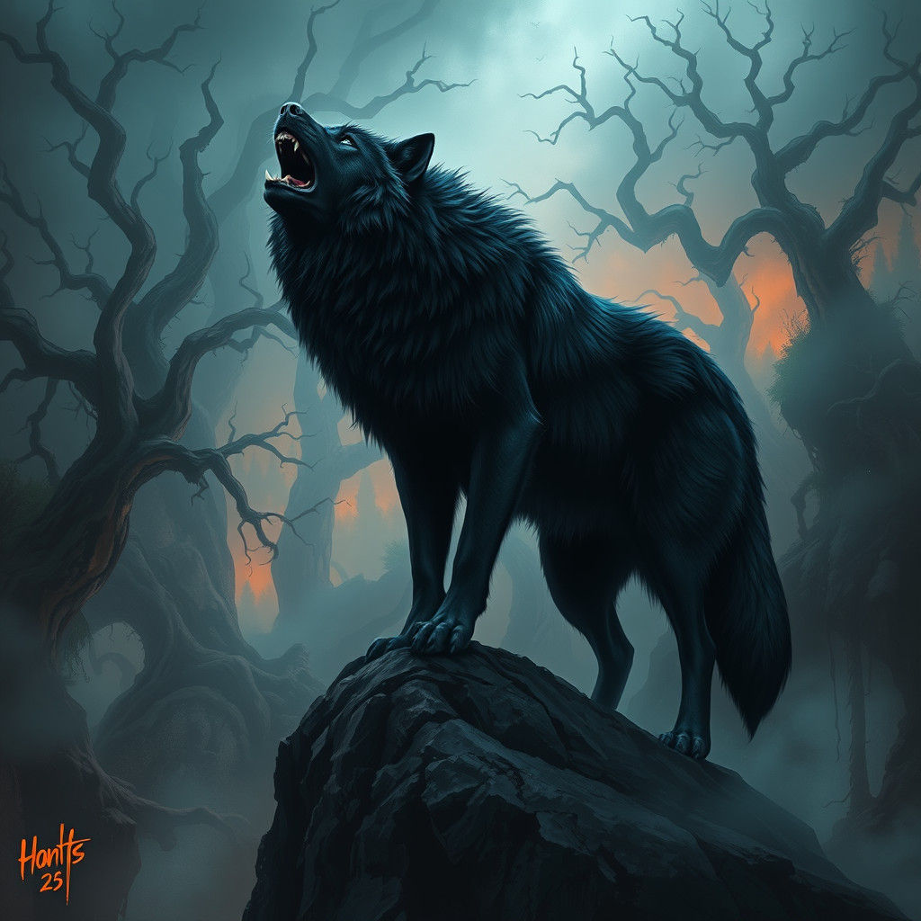 Majestic Black Wolf howls in a Dark, Misty Forest