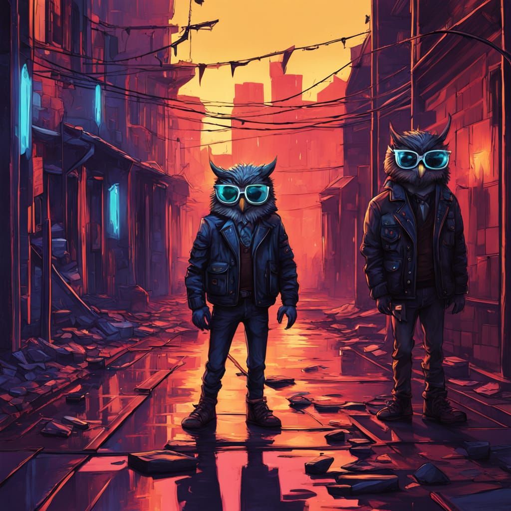 Low-Poly Owl Couple in Neon Alleyway