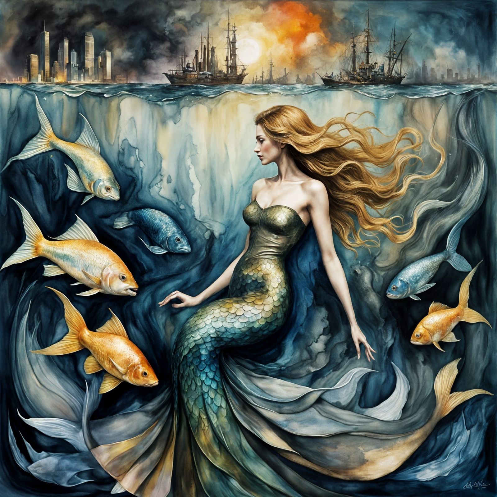 Surreal Mermaid Suffers in Polluted Ocean, à la Impasto Pain...