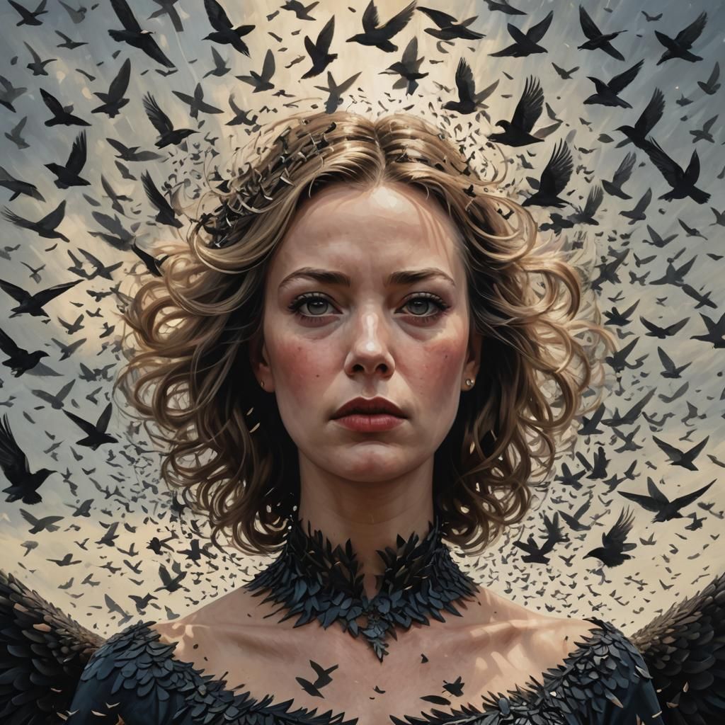 Hitchcock Style Angel with Murmuration of Starlings