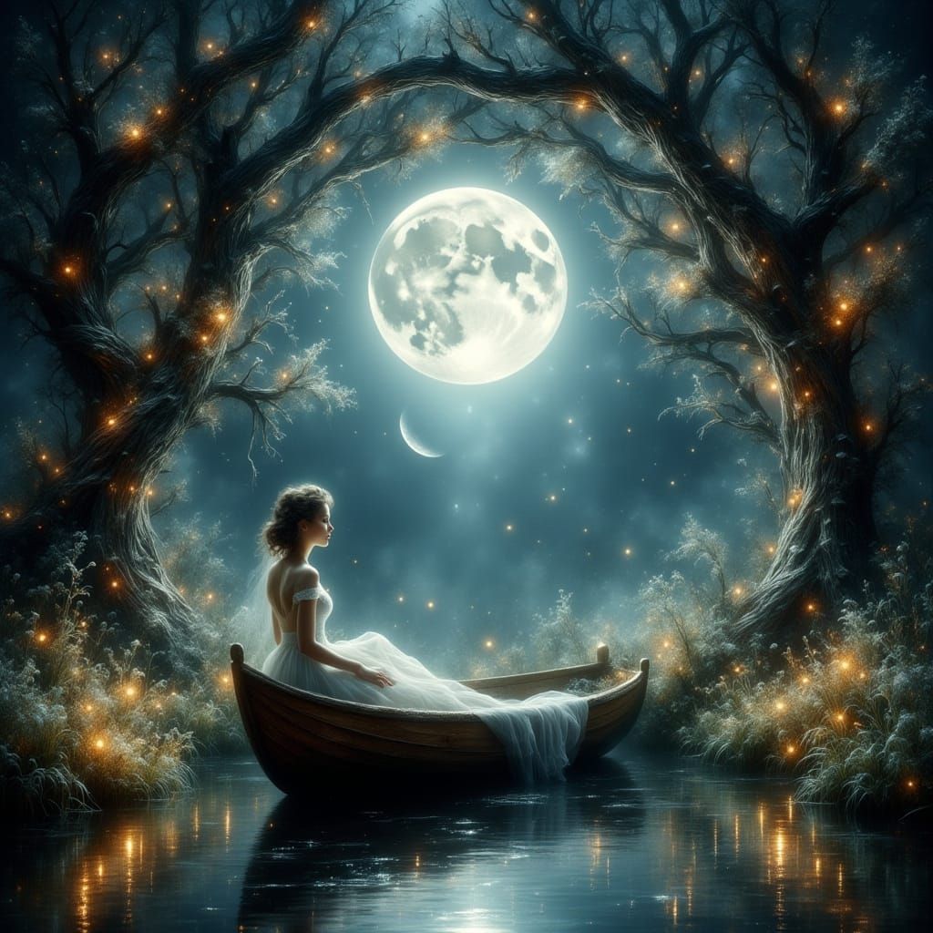 Moonlit Girl in Boat Surrounded by Flora