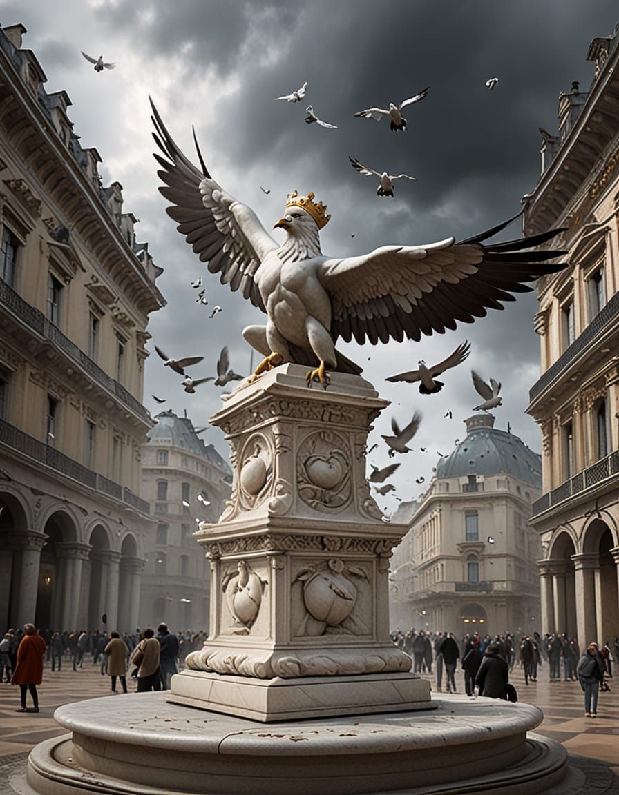 Marble Statue's Stone Fury Amidst Swarming Pigeons