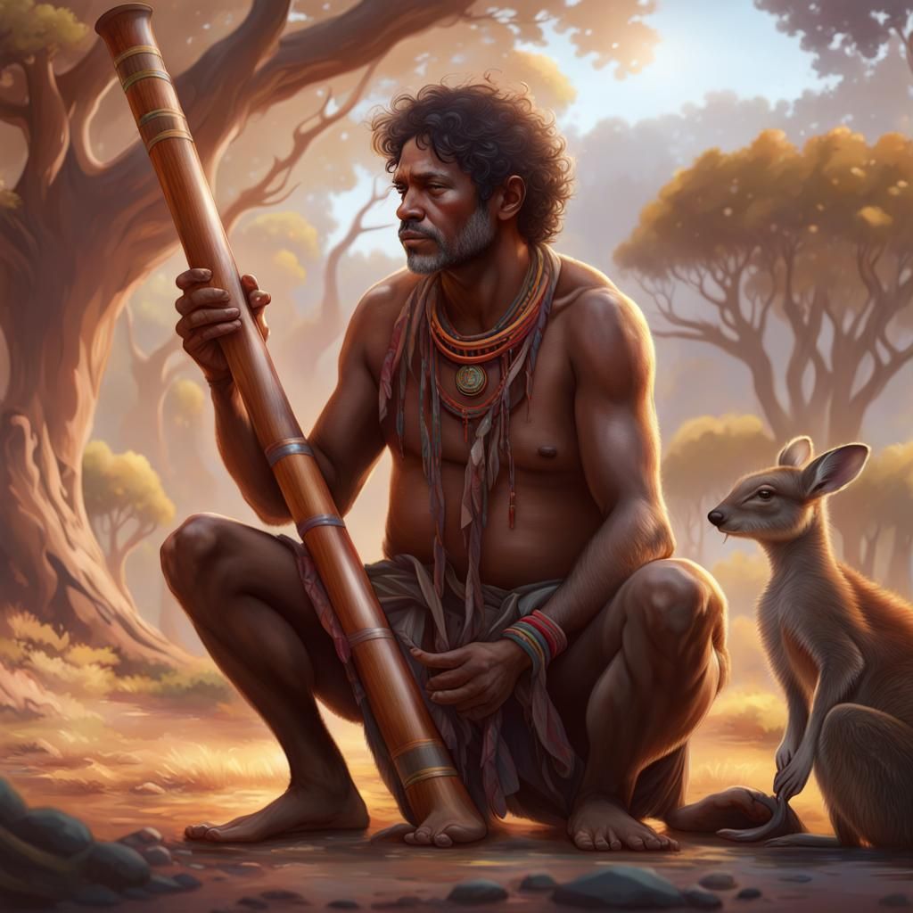 Australian Aboriginal man and his didgeridoo (and kangaroo)