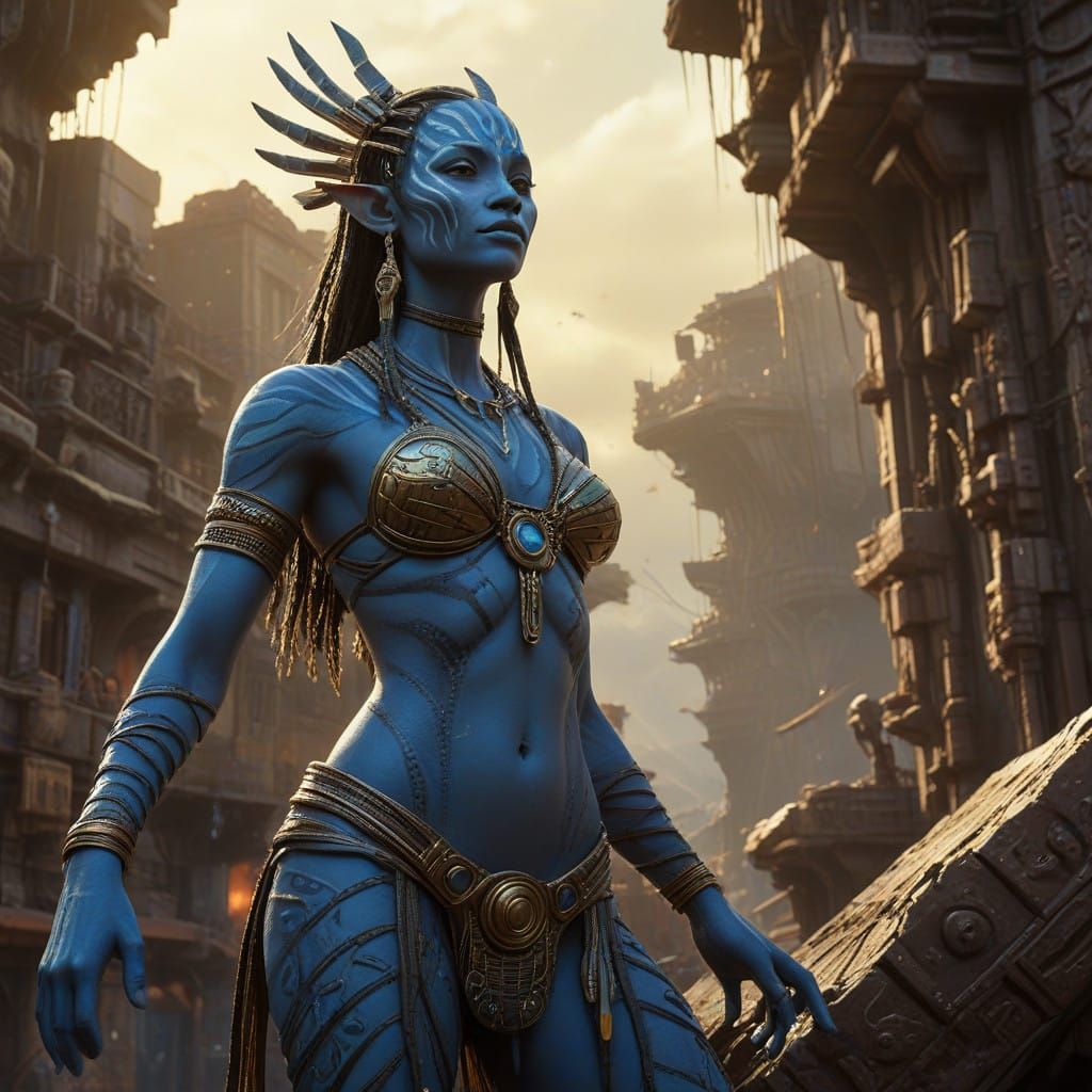 Ethereal Na'vi Goddess in Tribal Attire, Shimmering in Golde...