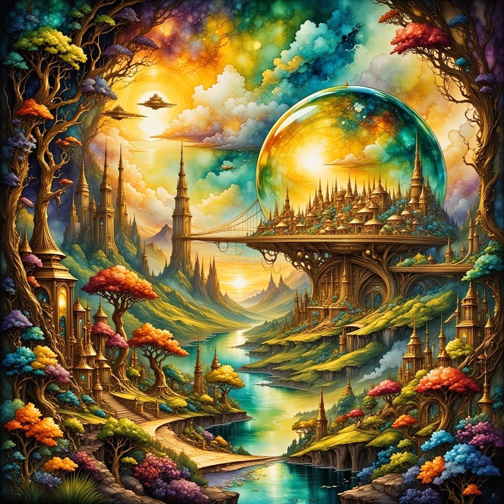 Retro Futuristic City in Crystal Dome on Exoplanet