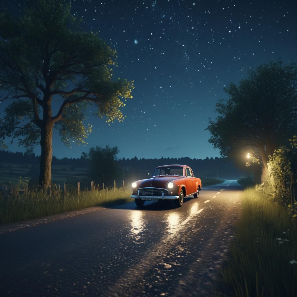 Vintage Car Drives Country Lane Under Stars