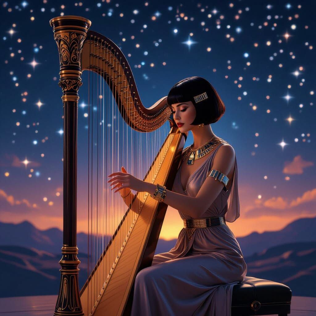 Woman Playing Harp on Stage in Futuristic Style