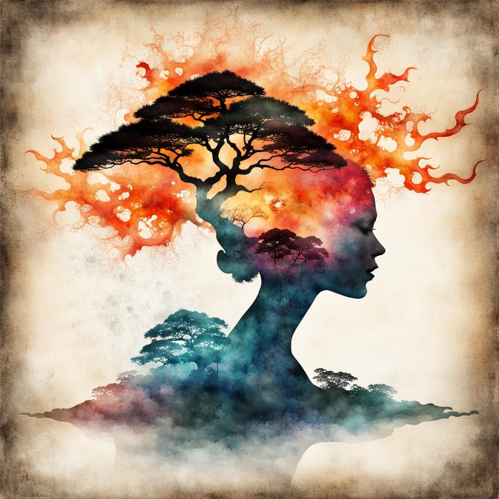 Flaming Woman Portrait in Macabre Bonsai Silhouette