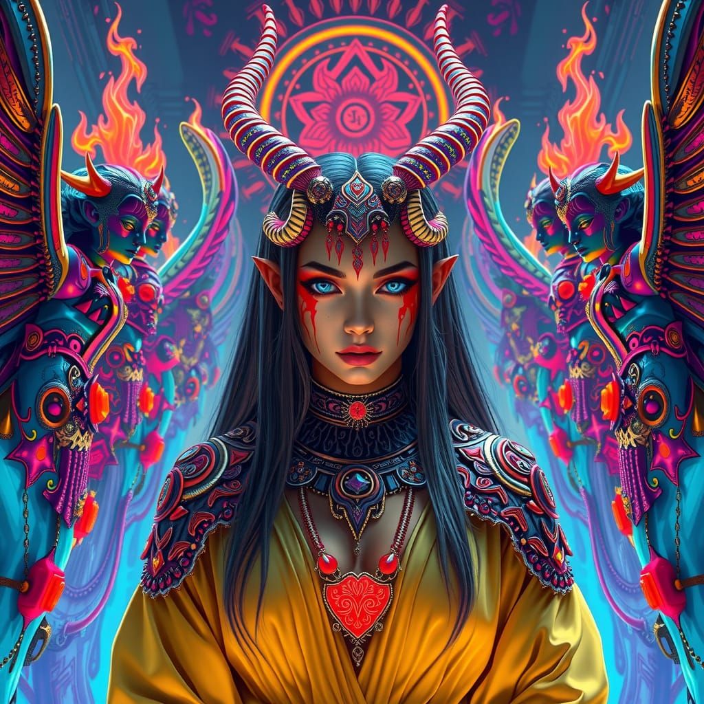 Goddess with Iridescent Horns in Sci-Fi Setting