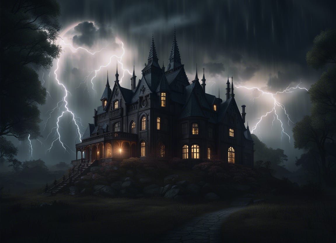 Sinister Gothic Mansion in Thunderstorm: Matte Painting