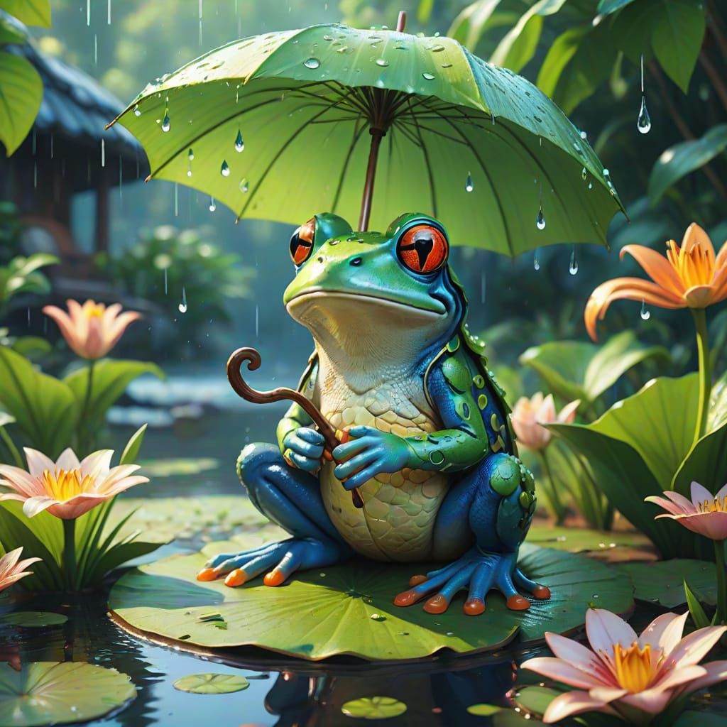 Whimsical Anime Frog in Serene Garden Scene