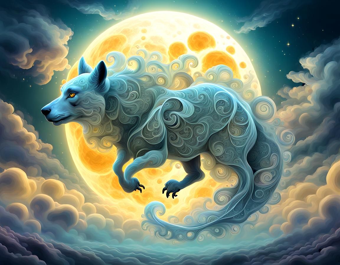 Mystical Fractal Creature in Ethereal Moonlit Realm