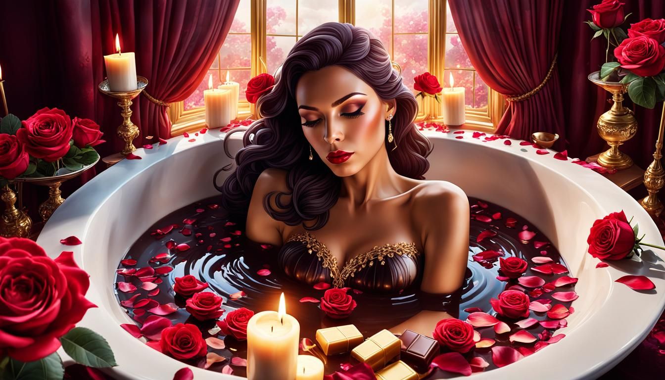 Chocolate Bath with Roses in Vibrant Gouache