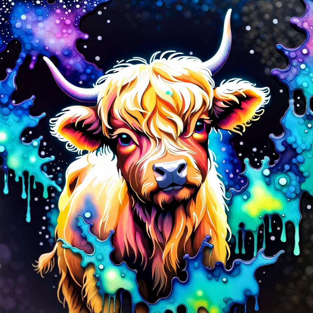Bioluminescent Highland Calf in Alcohol Ink Style