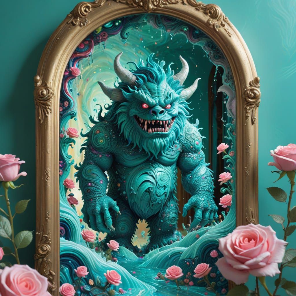 Monster Gazing into a Rose Mirror, Gouache Style