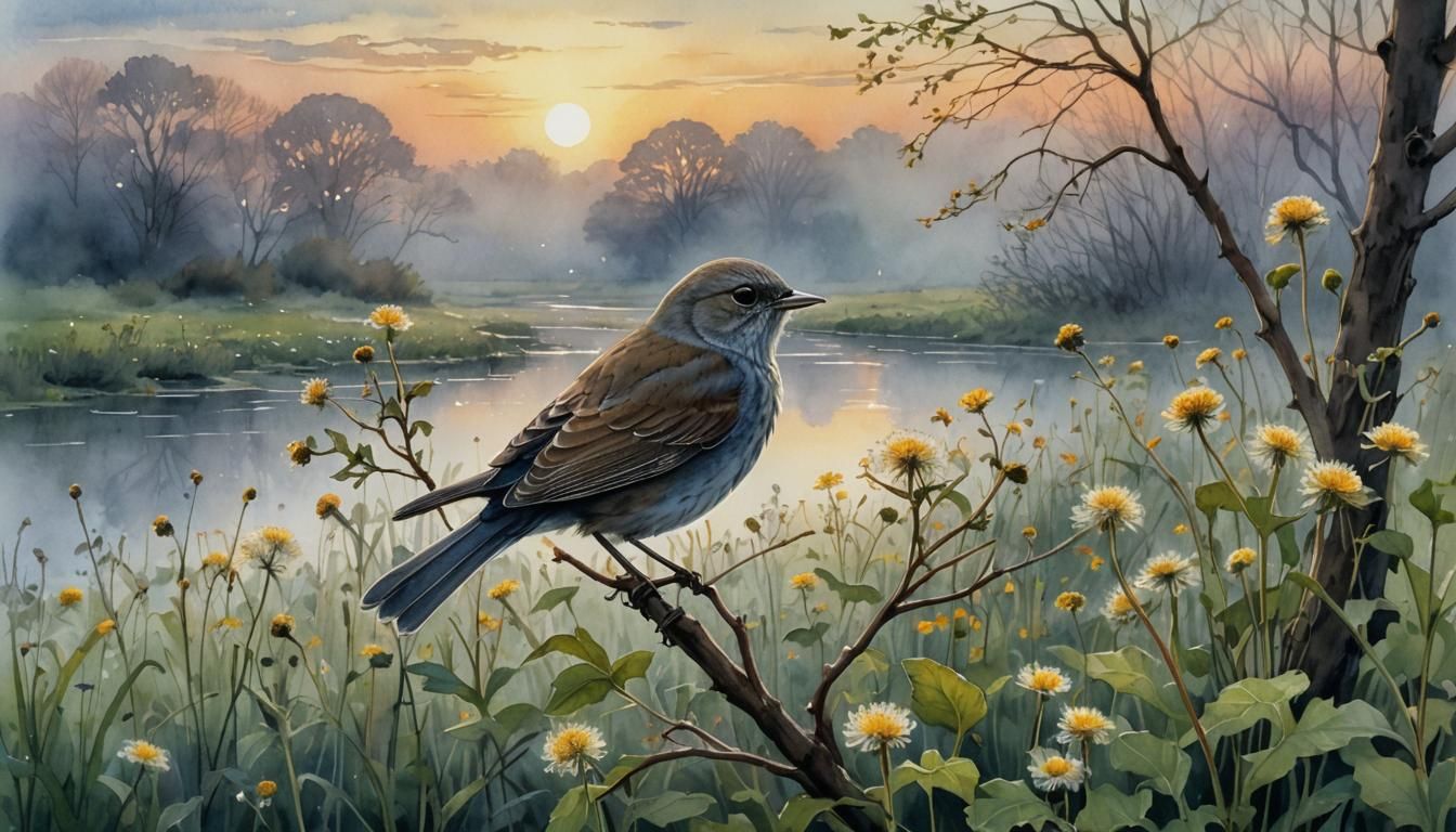 Nightingale's Song at Sunrise: Watercolor Painting