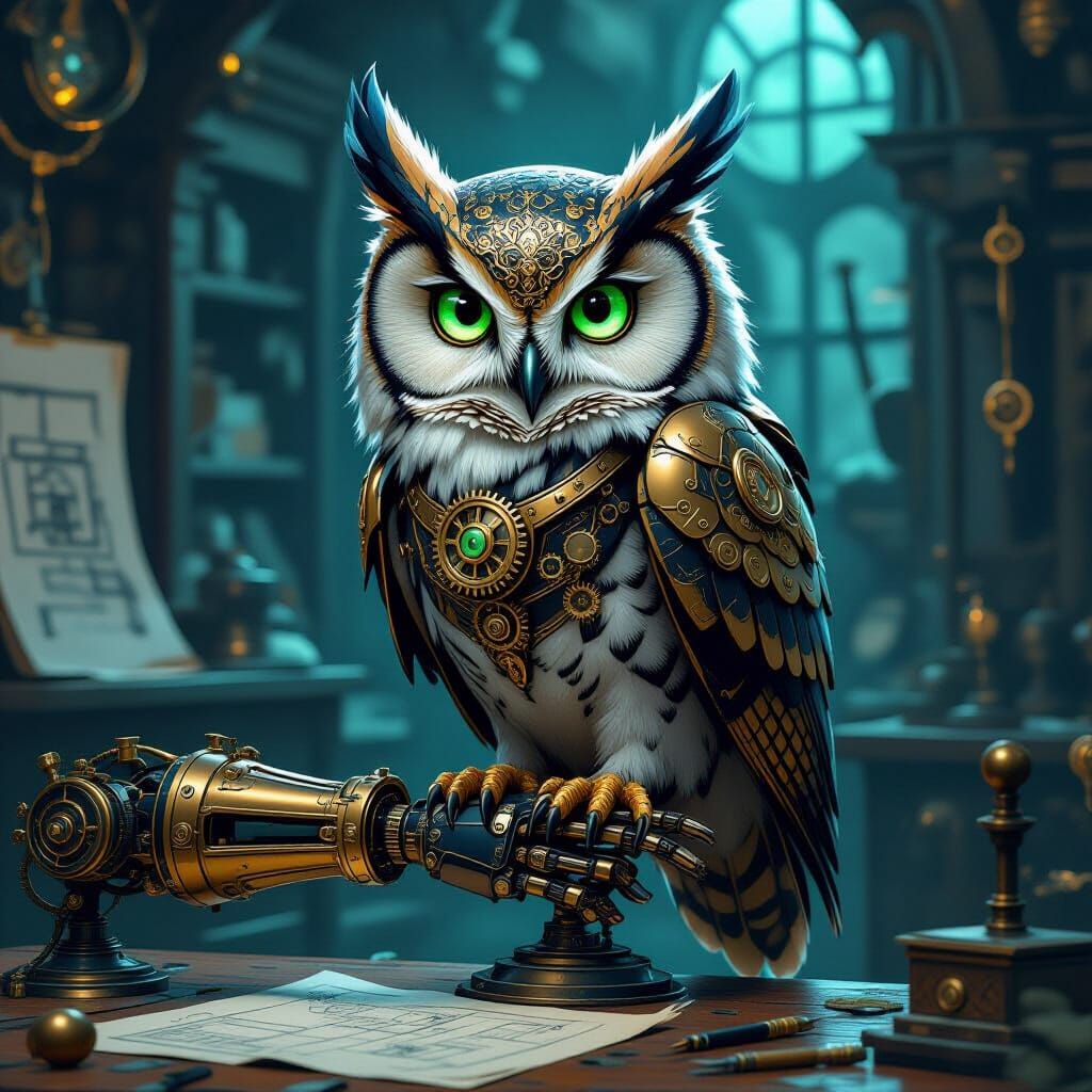 Steampunk Owl on Victorian Arm in Dimly Lit Workshop
