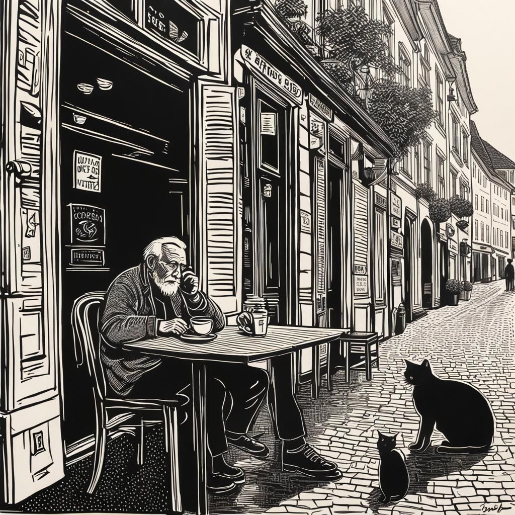 Linoprint of Old Man Drinking Coffee in Vienna