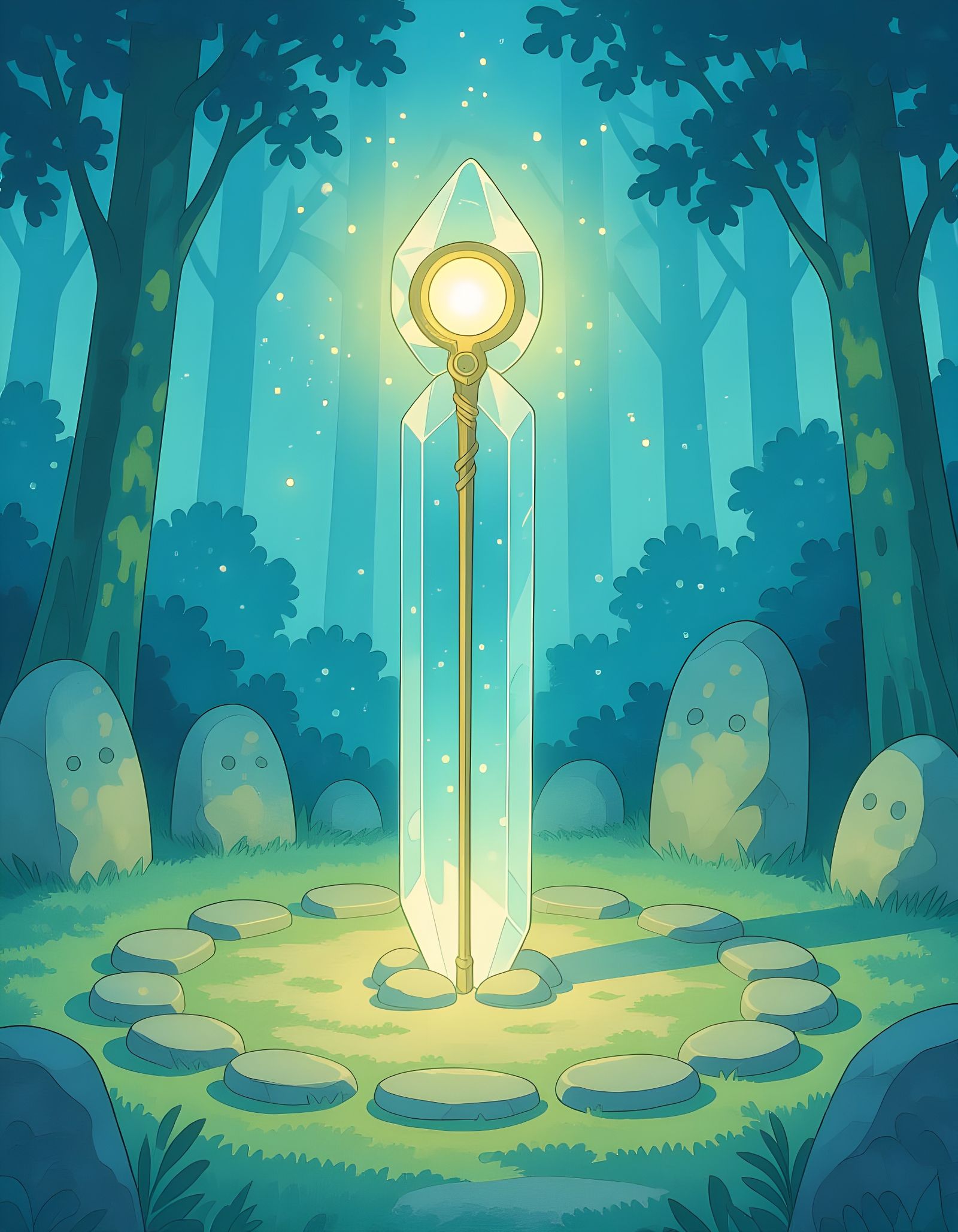 Ancient Crystal Staff in Vintage Anime Style