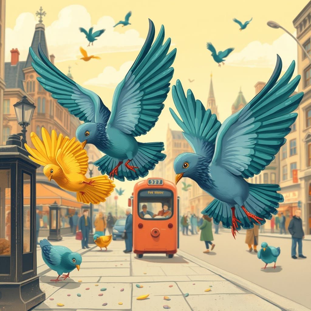 Whimsical Pigeons in Vibrant Cityscape