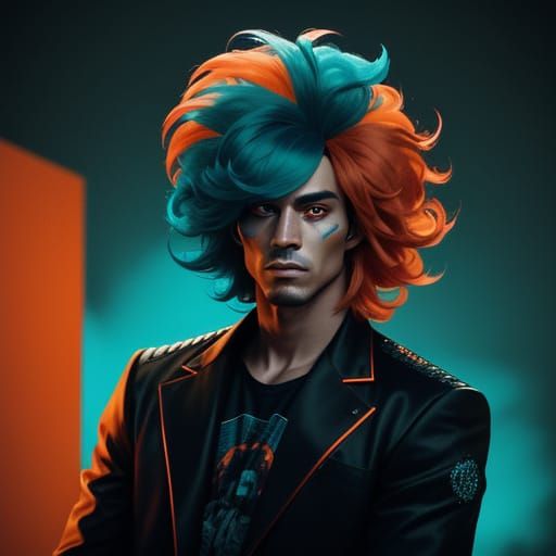 Man with Glowing Party Wig in Dramatic Lighting