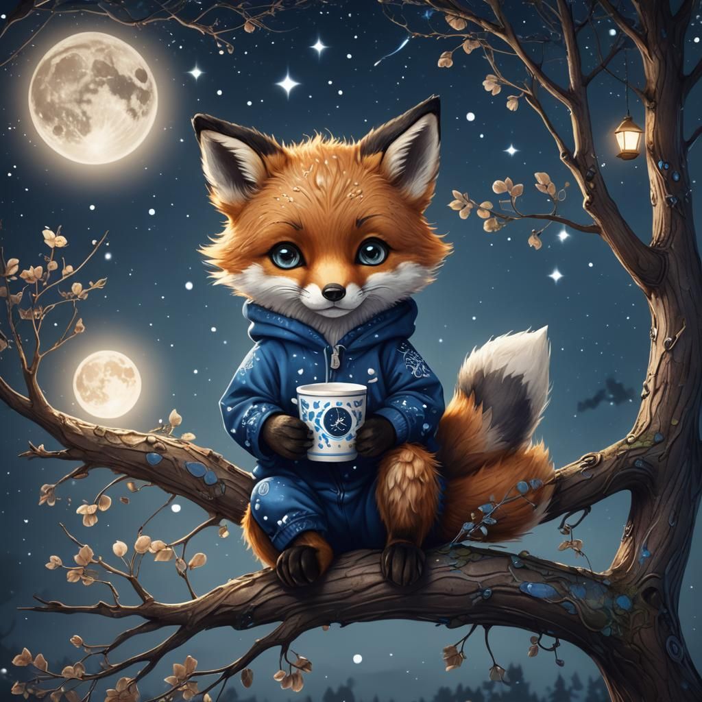 Cute Fox in Onesie Under Moonlight: Digital Art