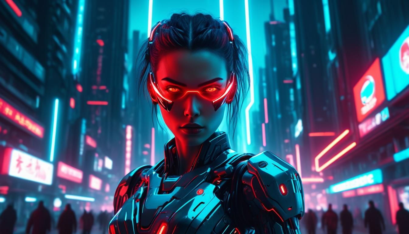 Cyberpunk Woman with Robotic Eyes in Neon City