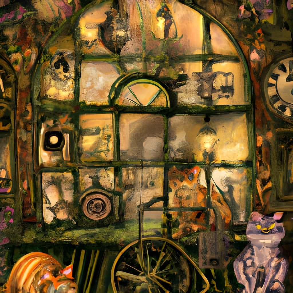 Orange cats, clock, trinkets, big window, colorful steampunk Victorian kitchen intricate detail, art by Arthur Rackham.