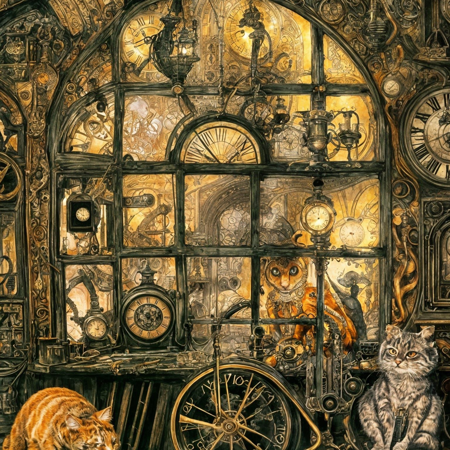 Orange cats, clock, trinkets, big window, colorful steampunk Victorian kitchen intricate detail, art by Arthur Rackham.