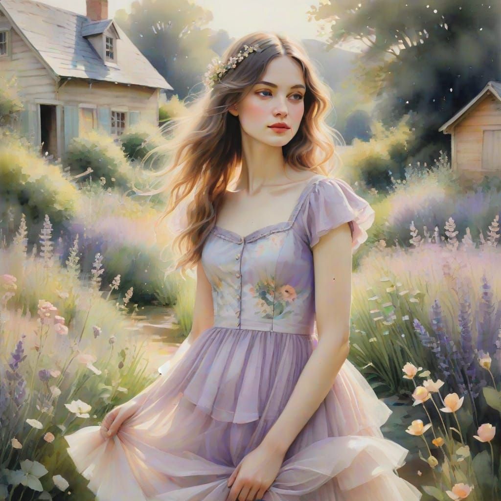 Girl in Lavender Garden, Impressionist Watercolour Painting
