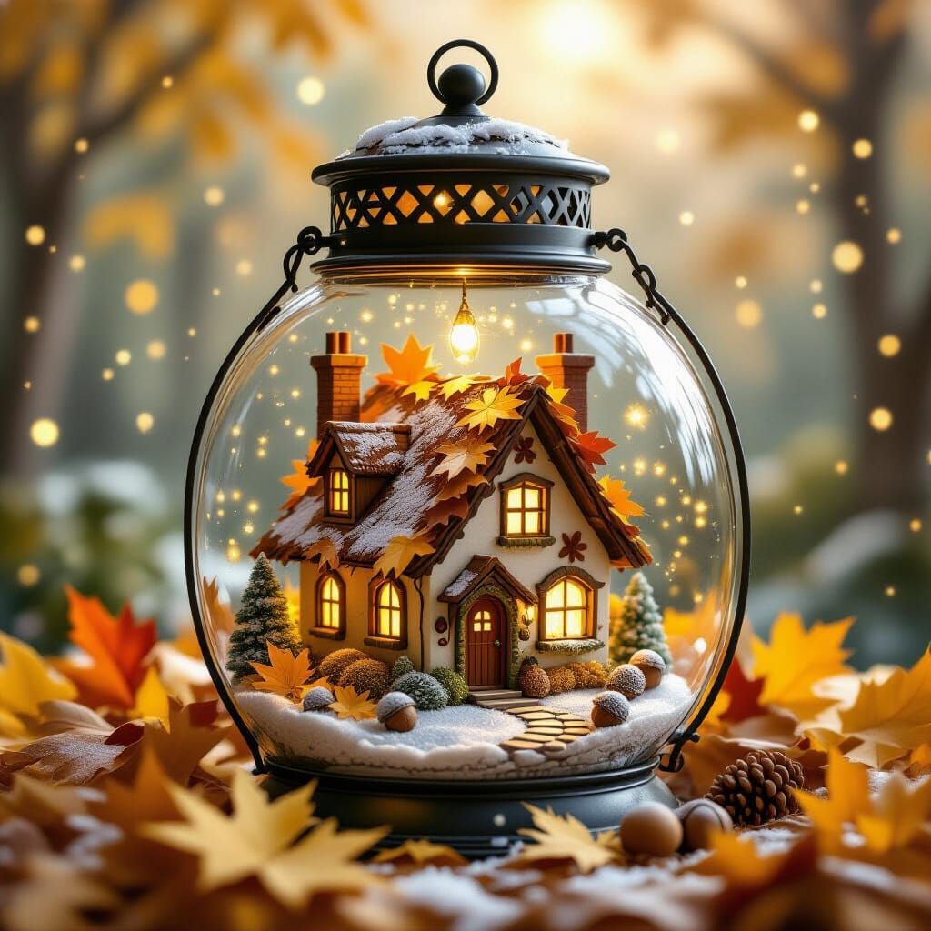 Miniature Autumn Village in Vintage Lantern