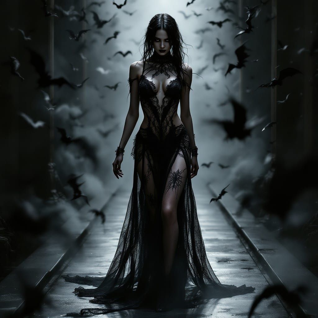 Mysterious Gothic Goddess in Black Lace and Shadows