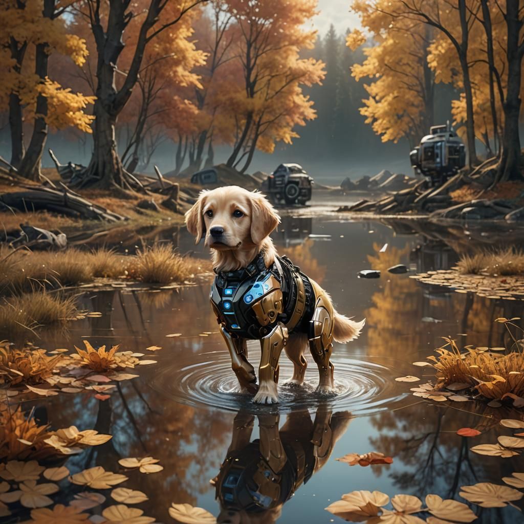 Cyborg Puppy Emerges from Lake: Digital Matte Painting