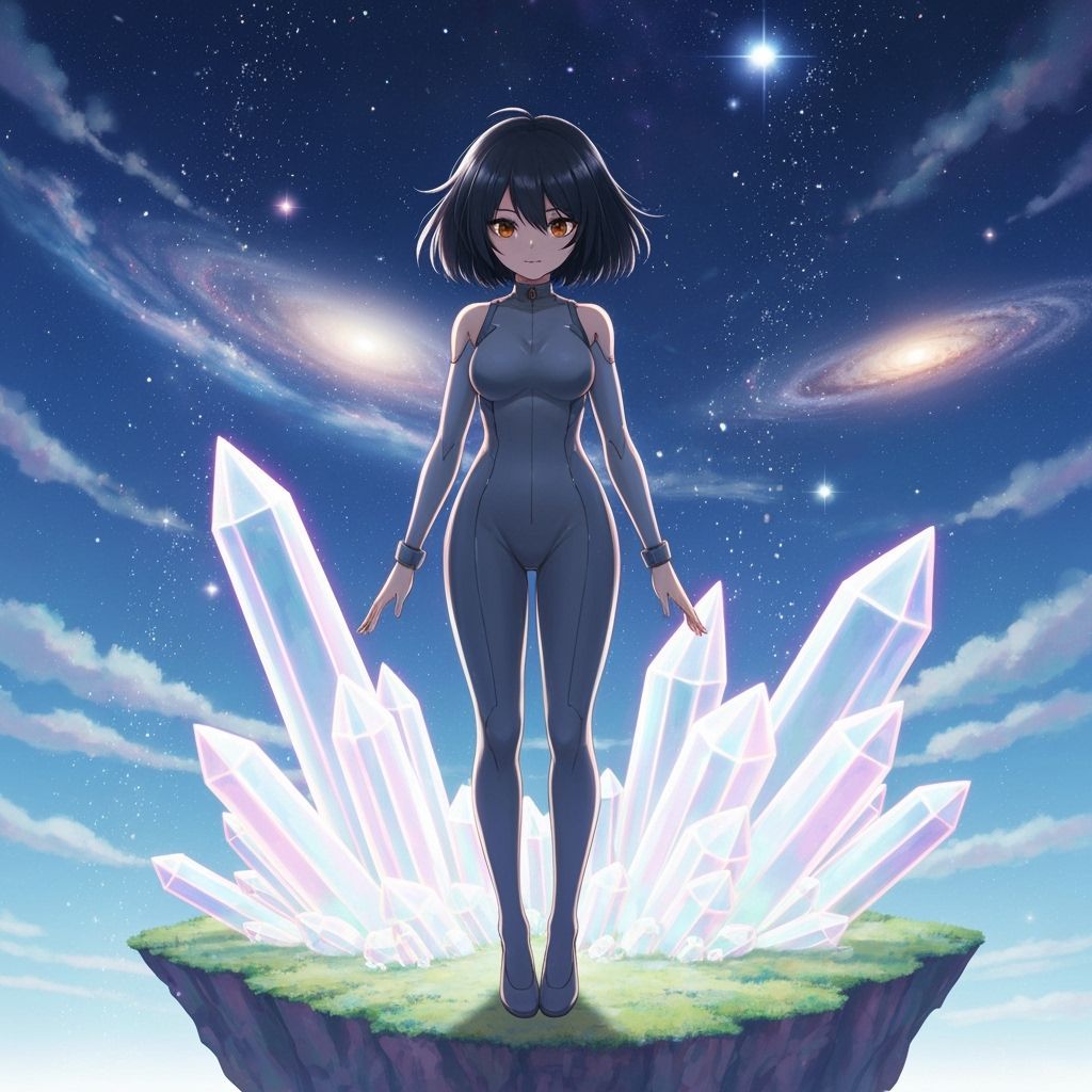 Anime Girl on Floating Crystal Island in Ethereal Style