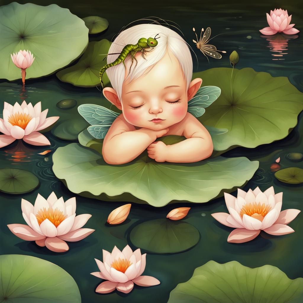 Baby Fairy Asleep on Lotus in Koi Pond
