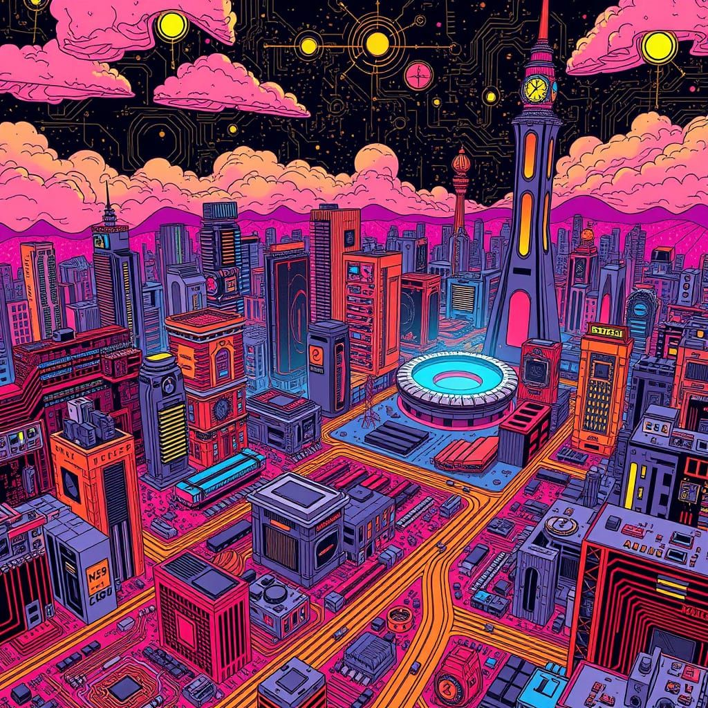 Futuristic Motherboard Cityscape in Illustrated Style