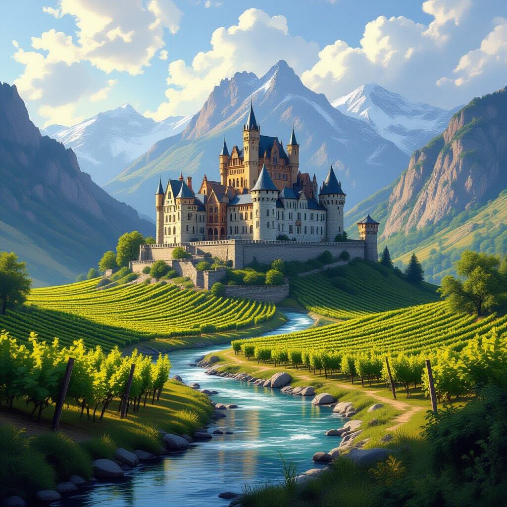 Majestic Castle on Rugged Mountain, Hudson River School Styl...