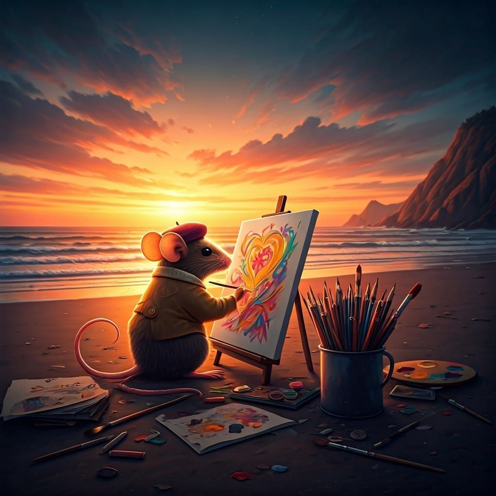 Mouse's Sunset Masterpiece in Whimsical Style
