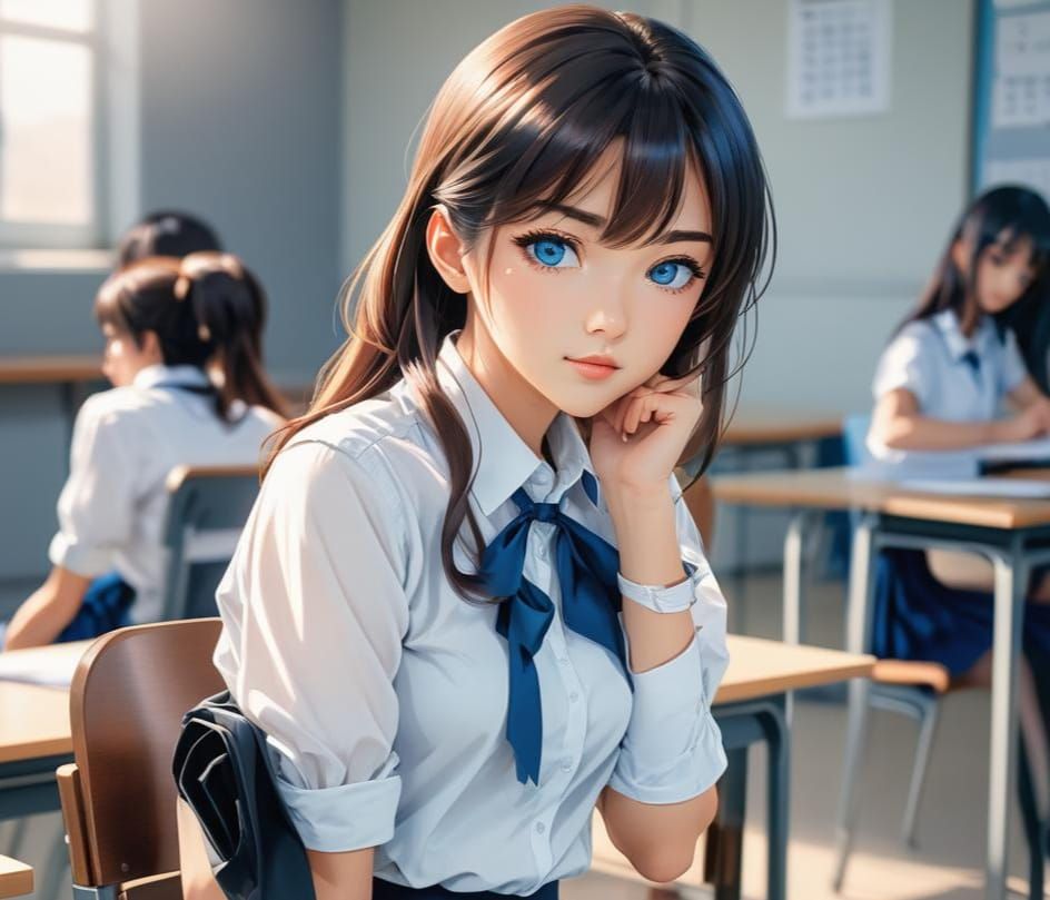 Anime Style Asian Schoolgirl with Blue Eyes
